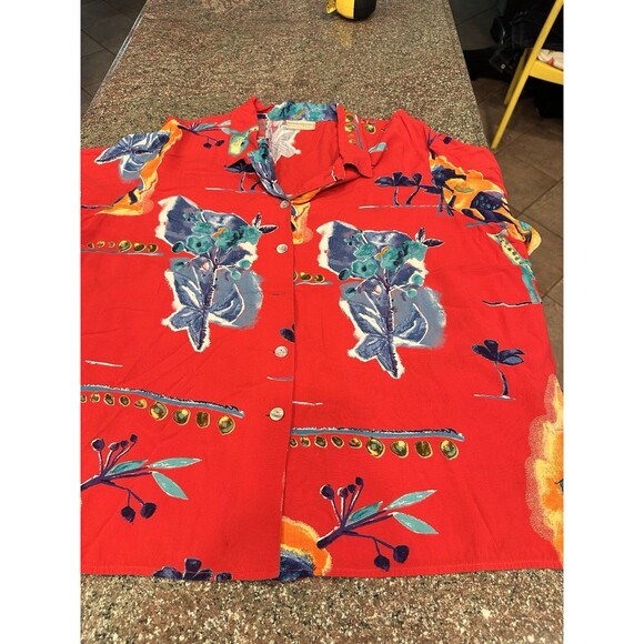 VTG 80s POOL tropical  BRIGHT RED BUTTON ALOHA NOVELTY SHIRT RAYON  Size 1X Pic6 - Picture 7 of 11